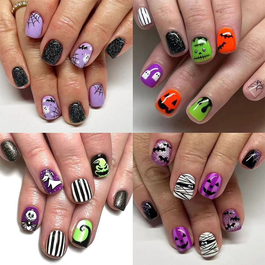 Combinazione di nail art con faccia corta e luminosa, ragnatela di Halloween, pipistrello, fantasma, temperamento, moda, usura 96 24 x 4_voghion.com