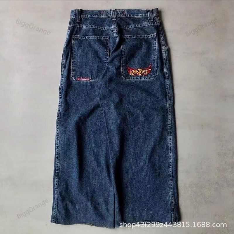 国境を越えた電気商JNCO Y2Kゆるいジーンズ男性レトロ刺繍ヒップホップストリート原宿男性ワイドパンツ|undefined