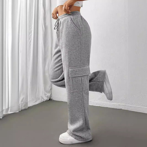 2025 Fall/Winter Amazon European and American Cross-Border Women's Clothing New Fashion Side Pocket All-Match Solid Color Straight-Leg Wide-Leg Sweatpants