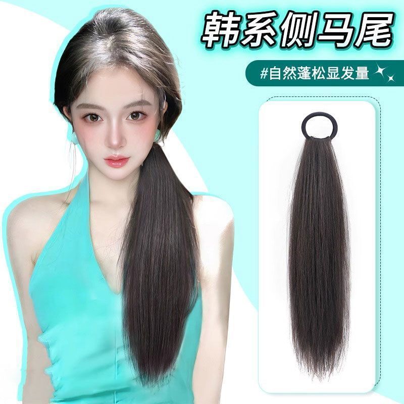 Wig with Braided Ponytail for Women, Long Hair, Tie-On Style, Korean Sweet Style, Side Straight Hair, High-Tied Wig Ponytail Braid
