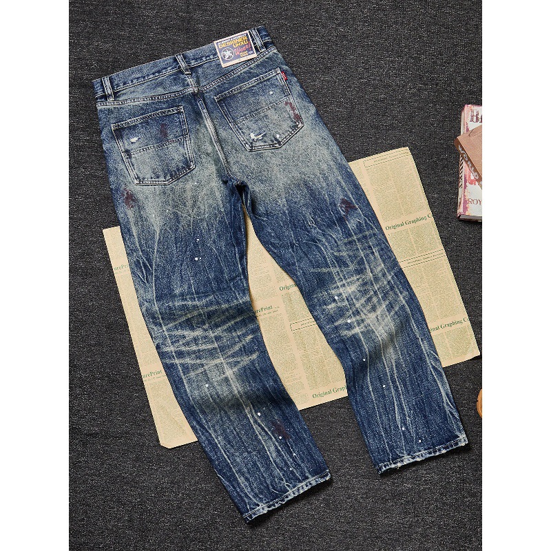 Men's Premium Heavyweight Vintage Jeans – Streetwear Distressed Washed Denim Pants, Relaxed Straight-Leg Fit, Light Blue_mkmklike.com