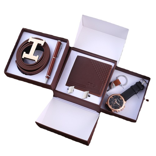 Men's gift set business handsome fake three-eye quartz watch + belt + wallet + cufflinks + keychain + pen