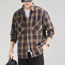 2024日系复古男士宽松衬衫秋冬款格纹休闲美式工装衬衣外套男潮