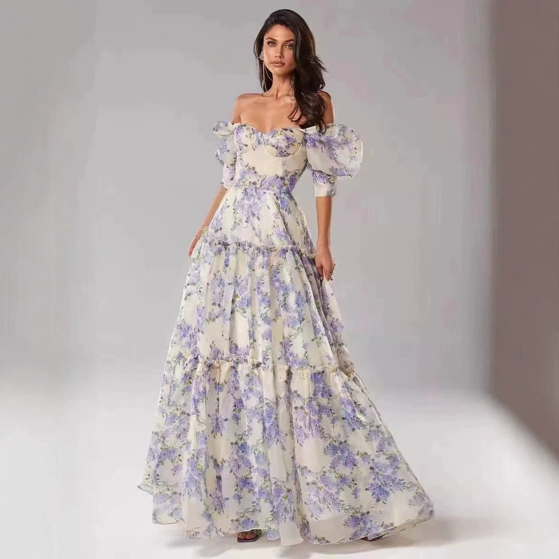 26 New Cross-Border Spring and Summer Off-Shoulder European and American Women's Fashion Organza Fairy-Style Long Elegant Evening Dress