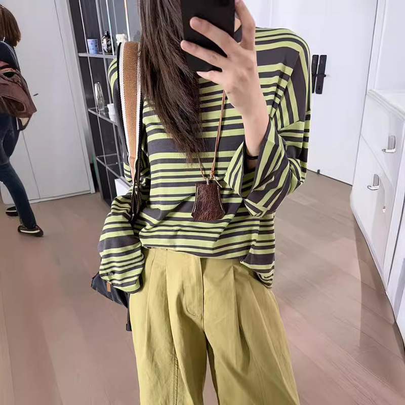 Mei Yang's Same Lime Soda Long Sleeve T Tencel Blend | Contrast Stripe Lazy Casual Loose T-shirt in stock