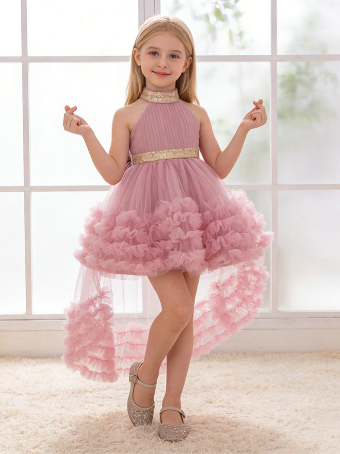 2026 nuevo vestido de princesa de malla de niñas vestido de noche sin mangas colgando el cuello vestido de niños vestido de espectáculo en stock