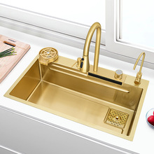 跨境金色飞雨瀑布水槽加厚不锈钢厨房洗菜盆大单槽台中下盆洗菜池