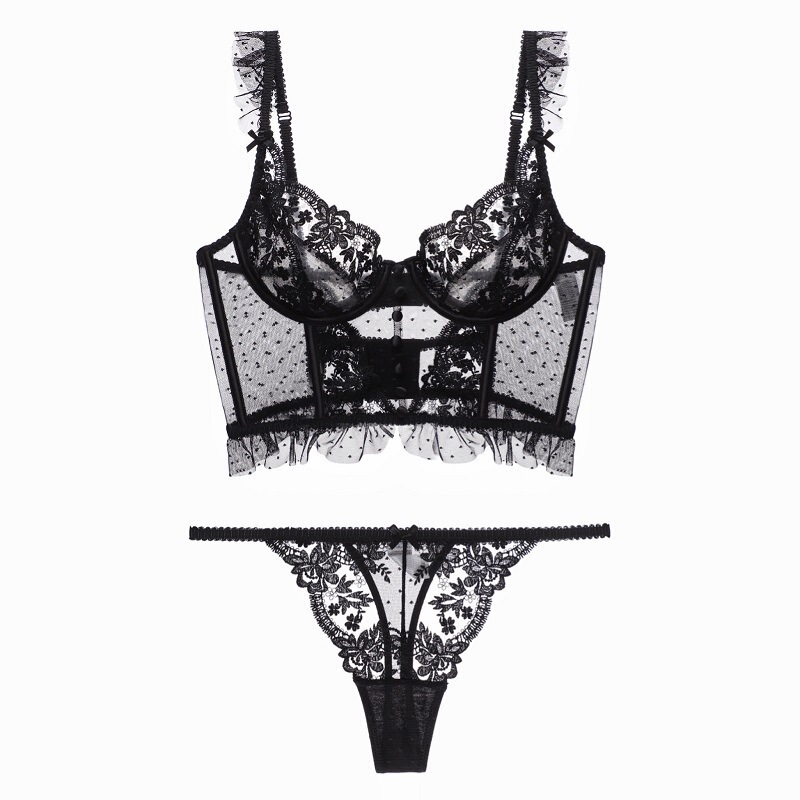Foreign Trade French Vest Style Bra Popular Thin Steel Ring Sexy Lace Beautiful Back Intimates Thong Set