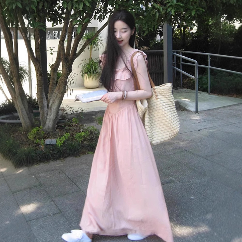Pink Sling dress Women's Summer New Tea Break Platycodon Grandiflorum French Niche Retro Small Flying Sleeve Long Dress Holiday Style
