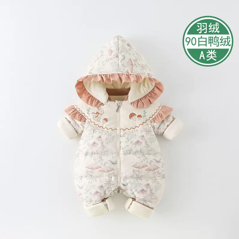 婴儿衣服冬装连体衣羽绒服可爱碎花女宝宝冬季加绒加厚外出服抱衣