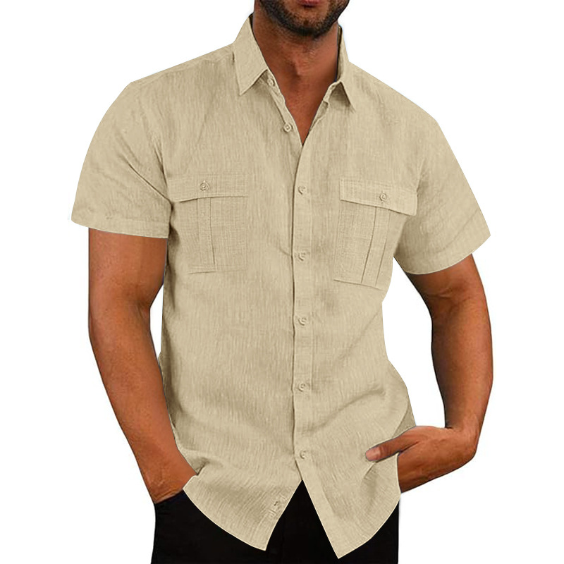 Summer Men's Linen Shirt Casual Loose Collar Short Sleeve Solid Color Pocket T-Shirt_viptrois.com