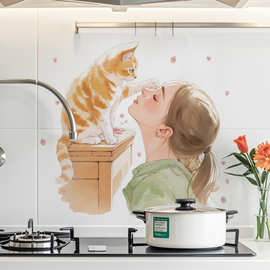 女孩猫咪温馨画面墙贴画多巴胺可移除宿舍装饰墙贴画