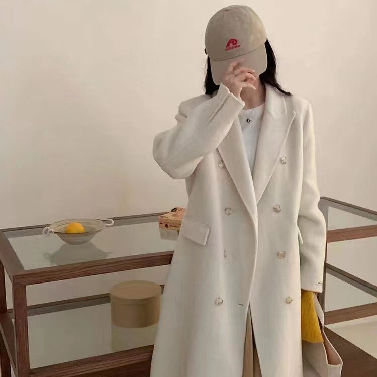 Double-sided wool coat 2024 Spring and Autumn New Korean style shoulder suit collar design long solid color woolen coat