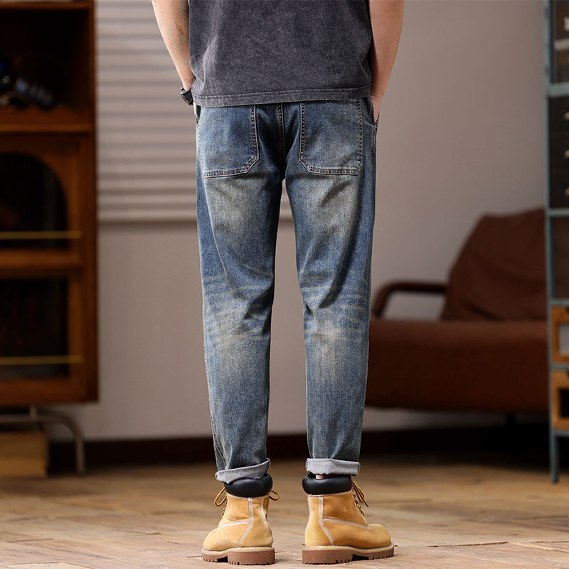 Men's summer new heavy industry washed jeans, men's loose elastic retro distressed cropped pants_voghion.com