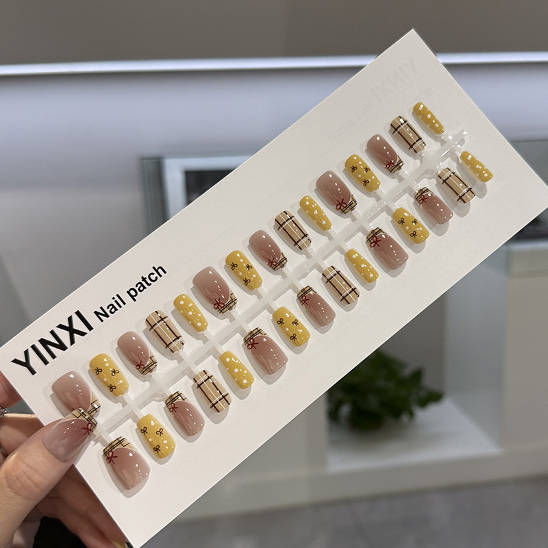 预制学院风精品穿戴美甲新款中方法式格纹蝴蝶结ins甜美清新甲片|undefined