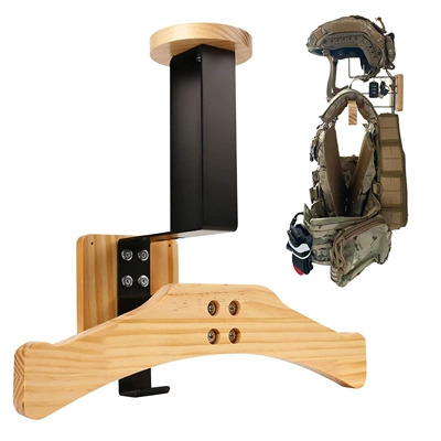 Wooden helmet storage rack, wall-mounted motorcycle clothing hanger, motorcycle tactical equipment organizer, helmet stand (Motosiklet dəbilqə rəfləri) - black-motorcycle-helmet-stand-natural-wood-color