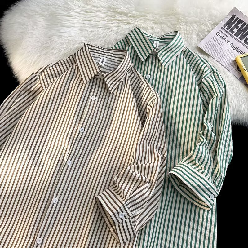Summer Striped Short-sleeved Shirt Men's Trendy Brand New Men's Seven-sleeved Top High-grade Feeling Yuppies Handsome Casual Shirt