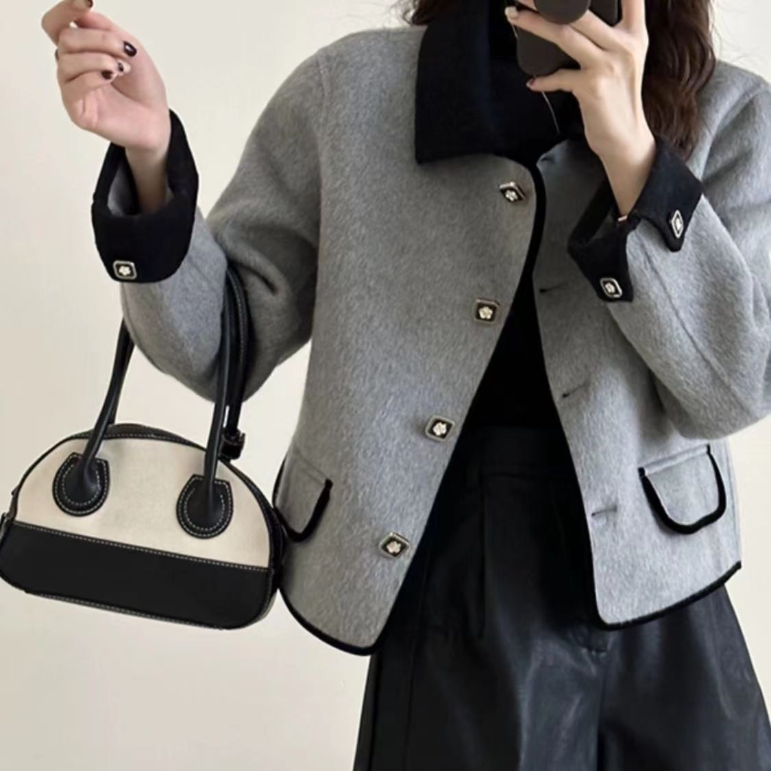 2025秋冬新款小香风双面羊毛大衣女短款撞色小个子羊毛呢外套