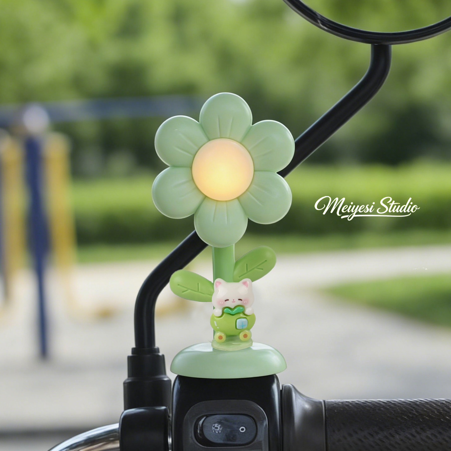 Flores de automóviles eléctricos adornos de luces lindos dibujos animados jefe perro coche de batería bicicleta de noche luces de advertencia accesorios de decoración