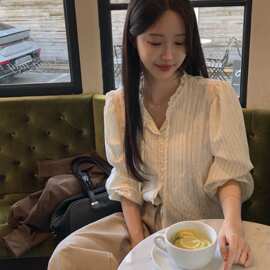 已出货韩国chic春季新款竖条木耳甜美气质衬衫