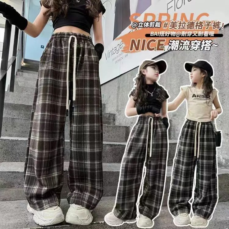 Girls' Pants Wide Leg Pants 2025 New Girls' Lad Stylisch Spring and Summer Casual Pants Children's Plaid Pants