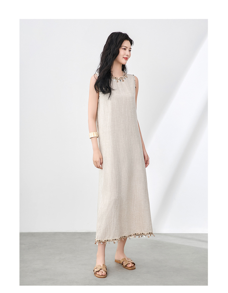 Đầm maxi nữ không tay phong cách Bohemian chất liệu linen tencel phối tua rua — Màu kaki chi tiết 7