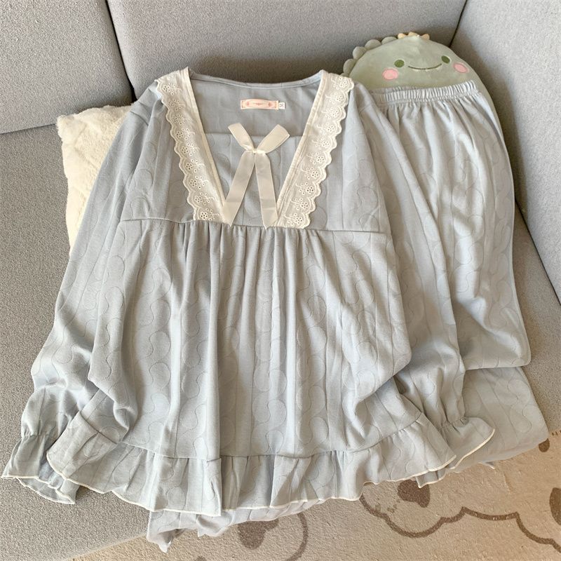 2025 nuevo pijama de mangas largas de mujeres otoño invierno algodón de punto encaje dulce princesa ropa de estilo W3118 azul