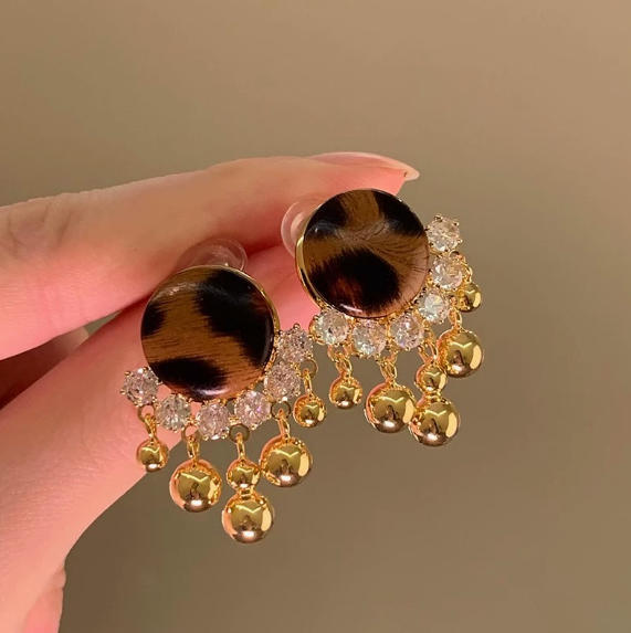 10# leopard print gold beads tassel earrings