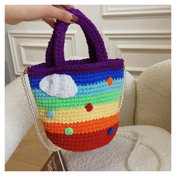 Women's Medium Plush Rainbow Stripe Cute Beading Weave Bucket Open Crossbody Bag display picture 29