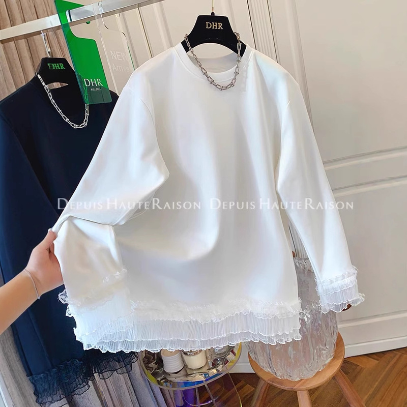 Cotton White Round Neck Ruffled Lace Stitching T-shirt Women's 2025 Spring New Design Sense Long Top