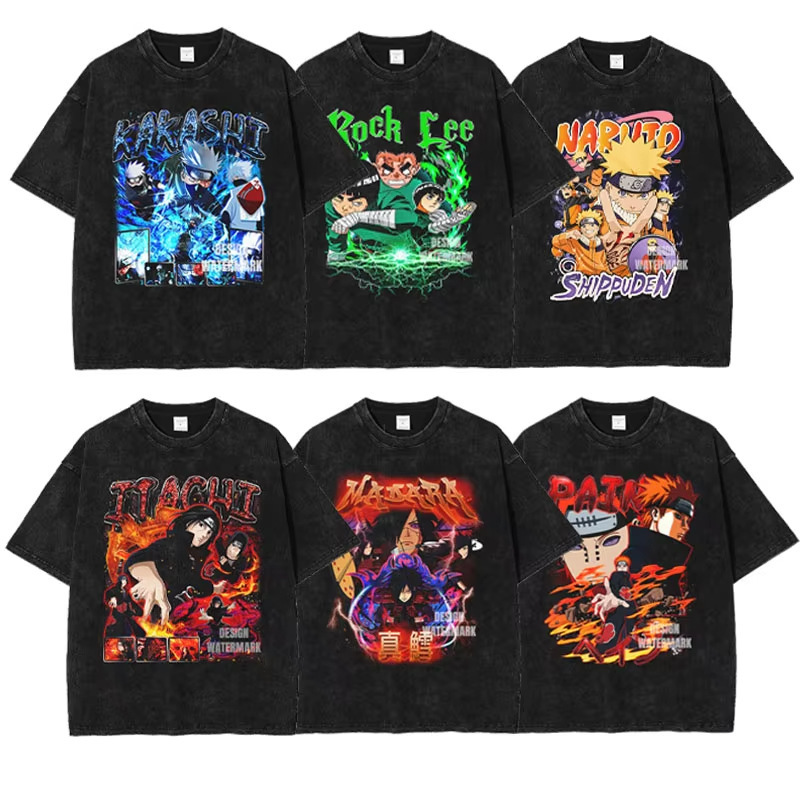 Bandai Anime N - Naruto T-Shirt Oversized Retro Washed Kakashi T-Shirt Standing T-Shirt Sasuke Sakura Minato Shake