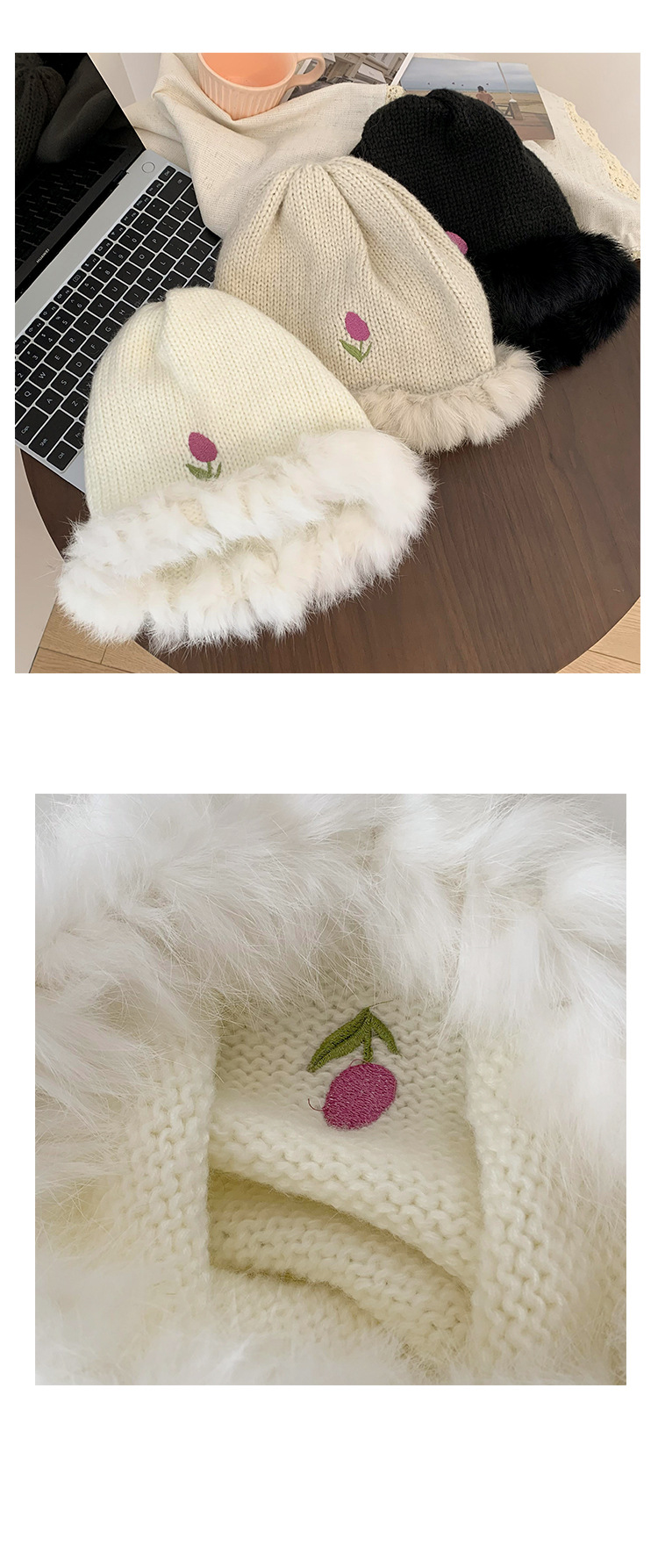 Gebreide muts voor dames warme pluche vissersmuts wit_voghion.com