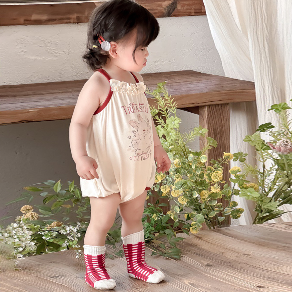 Ropa de bebé, tirantes, pedo, bebé de verano, mamelucos delgados súper extranjeros, cuello de encaje, conejito, una pieza