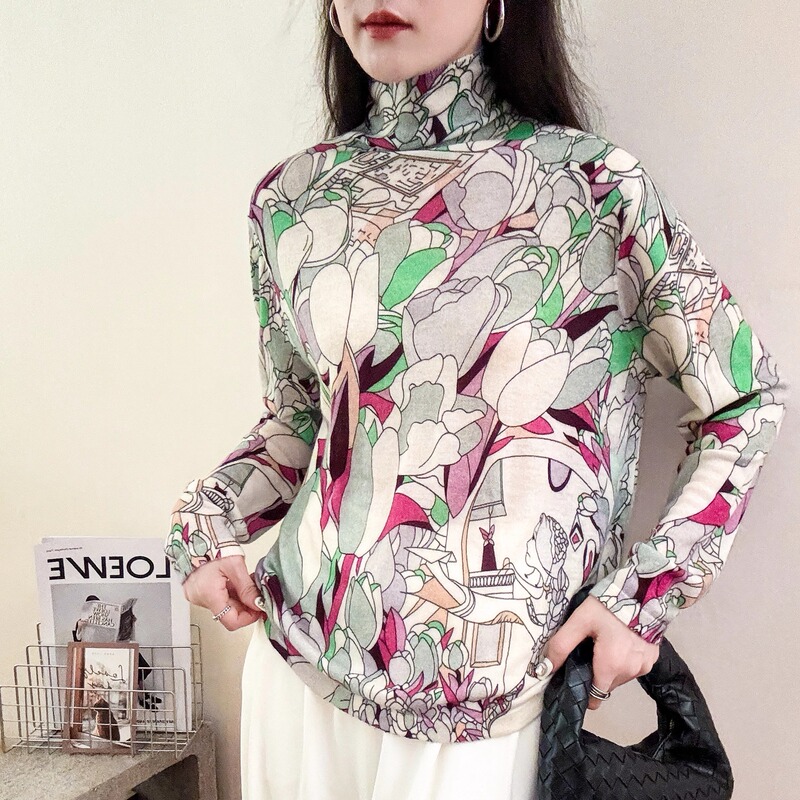 100%水溶羊毛印花薄款打底衫欧货高领套头上衣女2025秋季新款毛衣|undefined