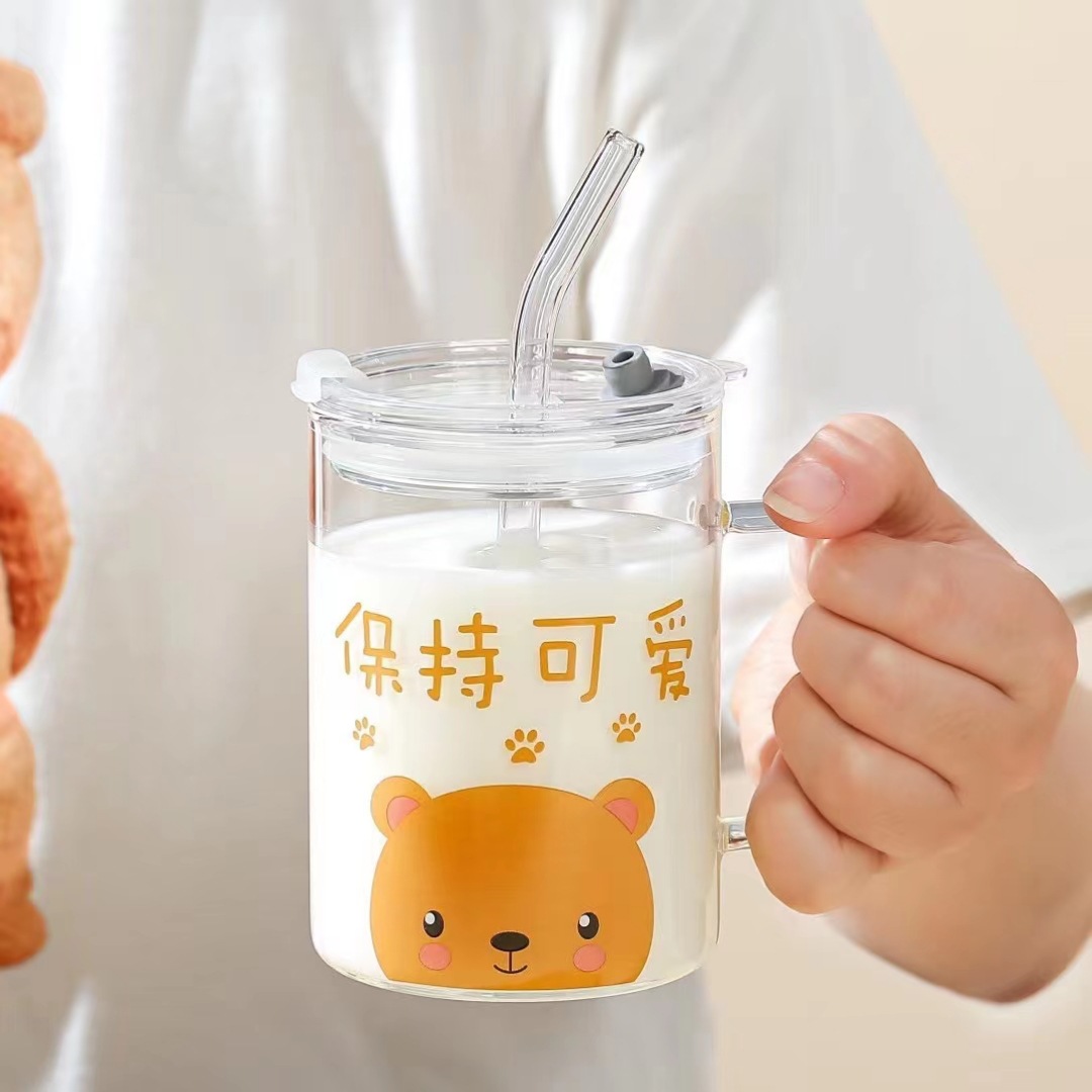Creativo lindo animal de dibujos animados taza inspirada de paja de vidrio taza de agua de alta apariencia simple taza de limón regalo