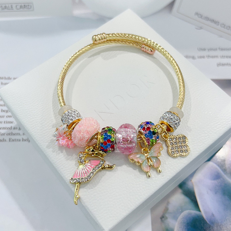 Pan's Live Stream Hello Kitty Gold Bracelet for Women, Friendship Bracelet, Student Cartoon Kt Cat Pendant, Crystal Beaded Jewelry