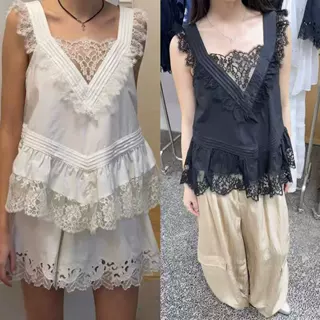 法式小众26春夏新款甜美蕾丝拼接V领无袖背心衬衫+高腰半身裙套装