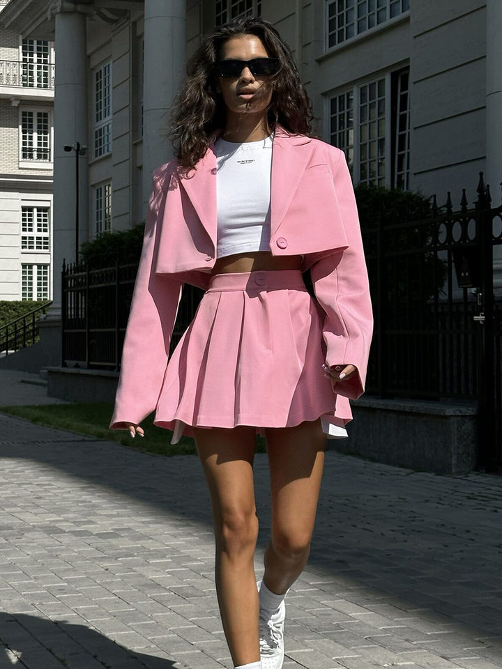 Bộ vest blazer dáng ngắn cổ ve áo kèm chân váy siêu ngắn dài tay — Màu hồng, Màu hồng nhạt, Màu đen, Tất cả các màu đều có trong kho, size L trọng lượng: 670g chi tiết 24