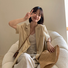 imiss 韩系高品质棉麻短袖西装外套女2024夏季新款百搭宽松上衣