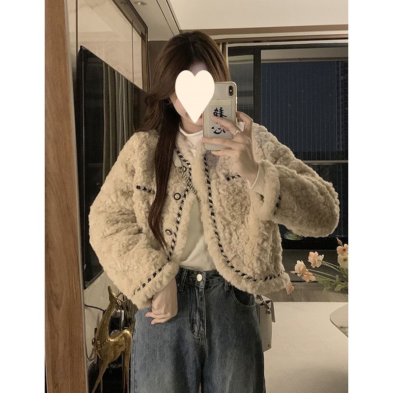 2025新款小香风外套女装冬季仿羊羔毛宽松短款感炸街长袖棉衣|undefined