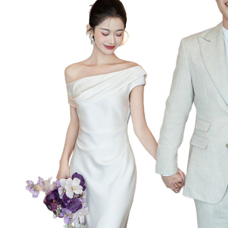 法式轻婚纱一字肩订婚礼服2025新款高级感轻礼服领证登记小白裙女|undefined