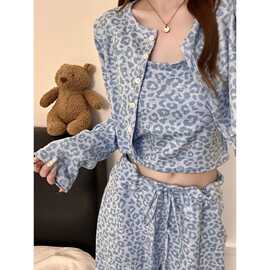 甜酷少女baby蓝豹纹印花睡衣女款秋季新款亲肤家居服三件套可外穿