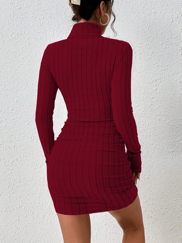 2026 Women's European and American Mature Lady Style Wine Red Dress Autumn and Winter Simple High Neck Versatile Short Skirt