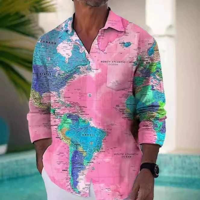 Внешняя торговля мода бизнес повседневная мужская рубашка с длинным рукавом карта 3D печать повседневная осень прилив кардиган топ