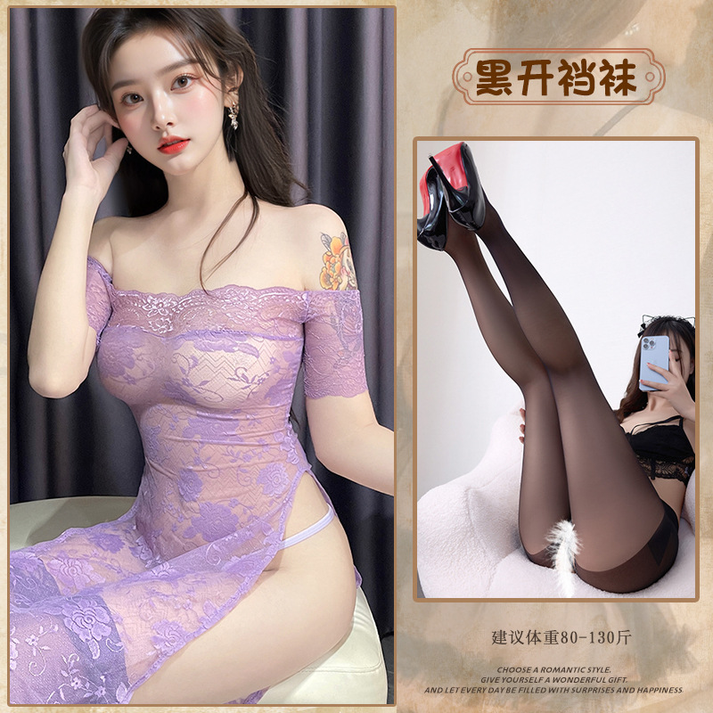 보라색 레이스 치파오 스커트 + 블랙 가랑이 없는 양말