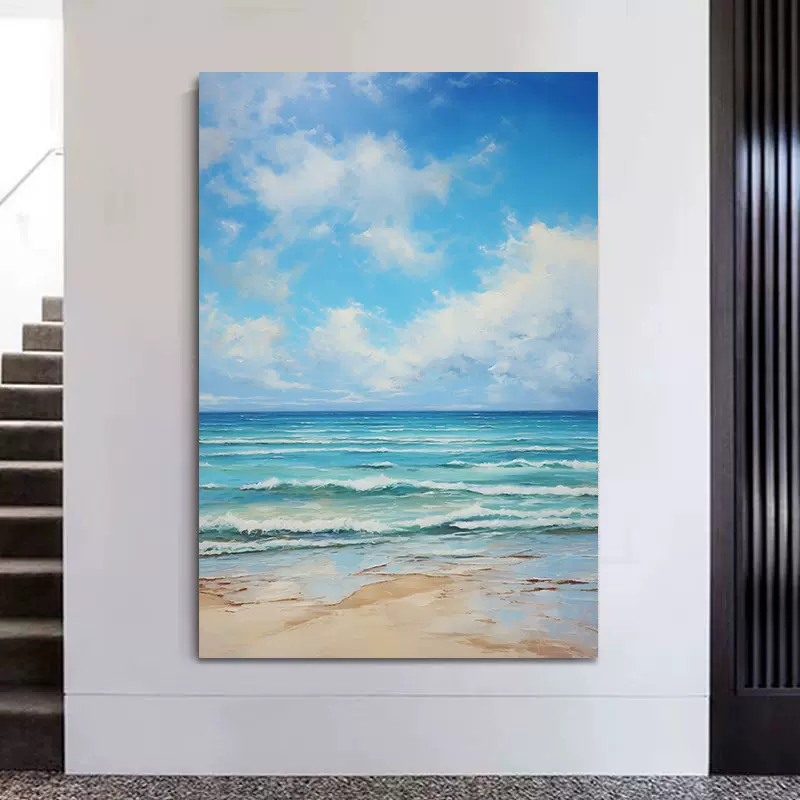 海景沙滩手绘油画简约现代砂岩肌理挂画样品房会所酒店装饰画