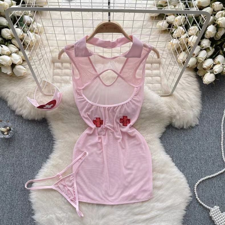 Hot Girl Pure Desire Lazy Style Slimming Look Cut Out Home Nightgown Female Hot Girl Sexy See-Through Mesh Tight Temptation Pajamas