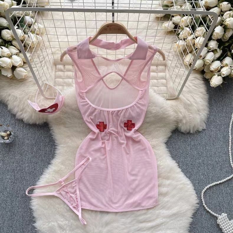 Hot Girl Pure Desire Lazy Style Slimming Look Cut Out Home Nightgown Female Hot Girl Sexy See-Through Mesh Tight Temptation Pajamas