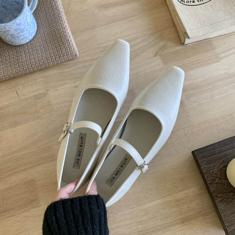 Ready-Made Custom-Made Thick-Heeled Square-Toe French-Style One-Line Strap Evening Style Korean-Style Mary Jane Wedge-Heeled Flat Women's Shoes with Shallow Mouth