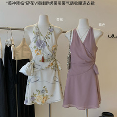 Y.JIA 美神降臨花柄Vネックホルターネックストラップサスペンダーウエストシェイプシフォンドレス6975